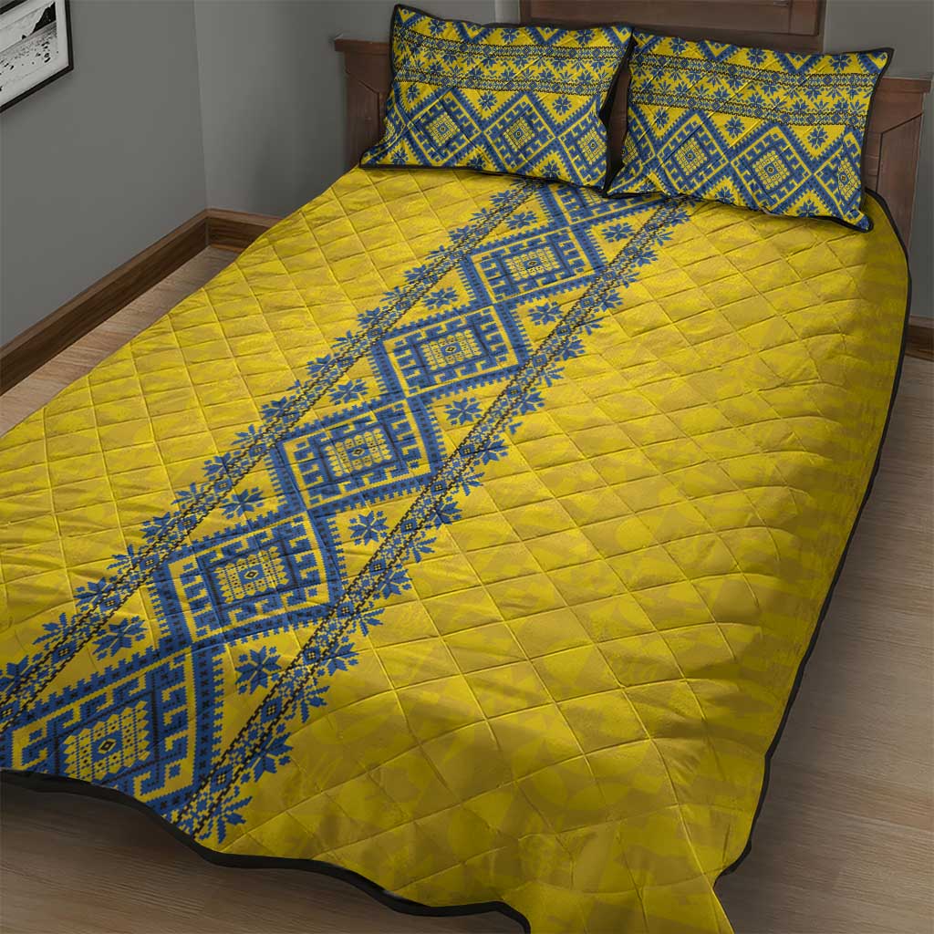 Blue Ukraine Folk Patterns Quilt Bed Set Simple Style