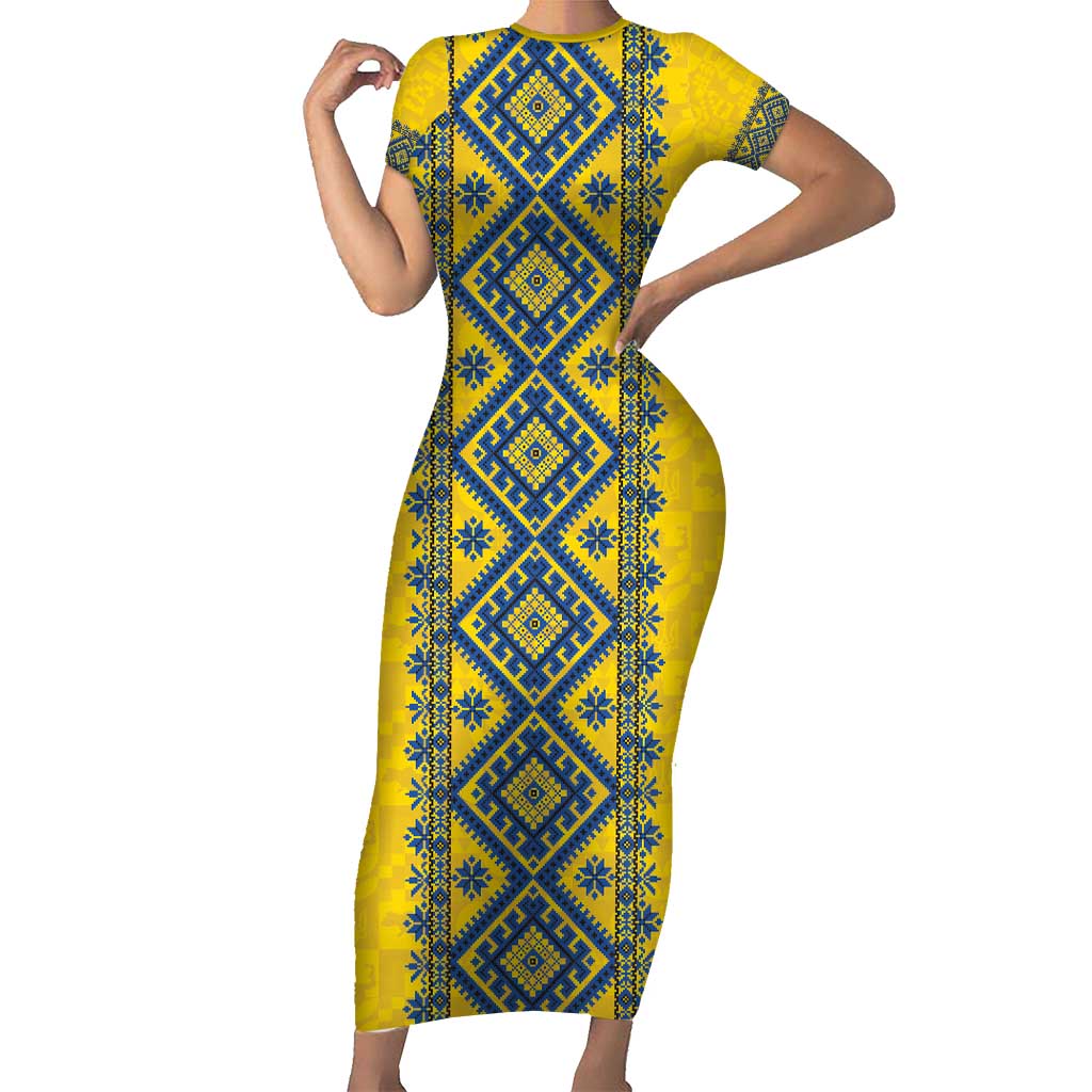 Blue Ukraine Folk Patterns Short Sleeve Bodycon Dress Simple Style