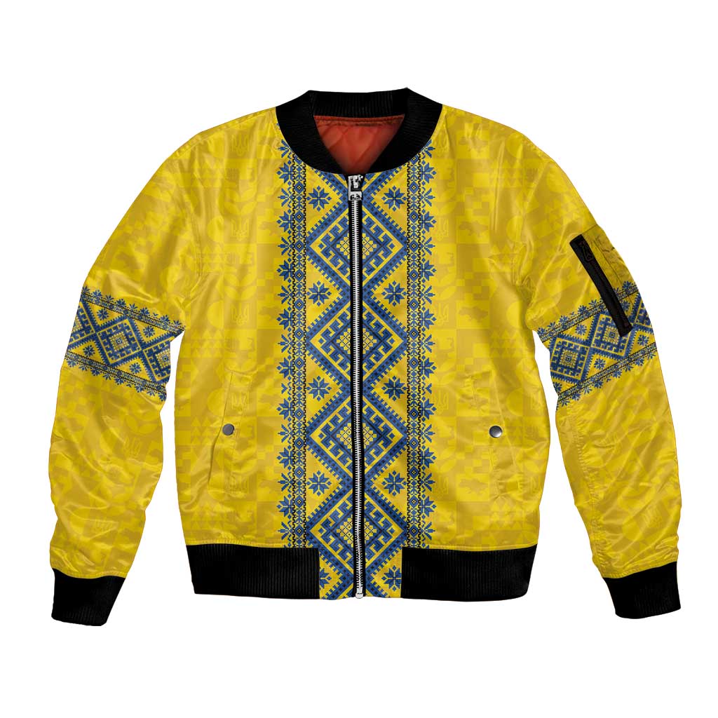 Blue Ukraine Folk Patterns Sleeve Zip Bomber Jacket Simple Style