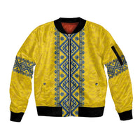 Blue Ukraine Folk Patterns Sleeve Zip Bomber Jacket Simple Style