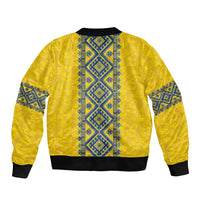 Blue Ukraine Folk Patterns Sleeve Zip Bomber Jacket Simple Style