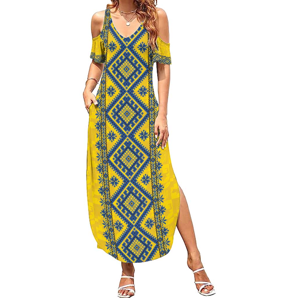 Blue Ukraine Folk Patterns Summer Maxi Dress Simple Style