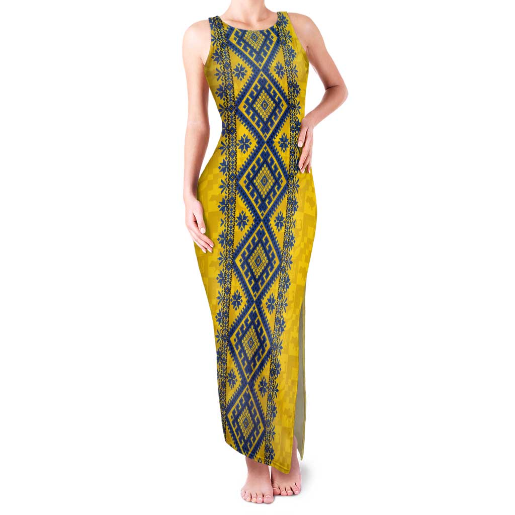 Blue Ukraine Folk Patterns Tank Maxi Dress Simple Style