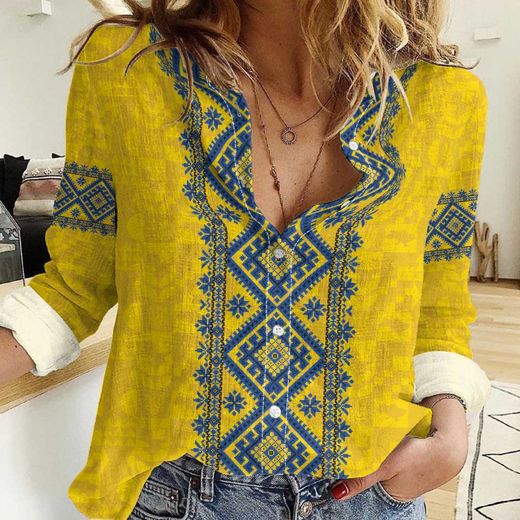 Blue Ukraine Folk Patterns Women Casual Shirt Simple Style