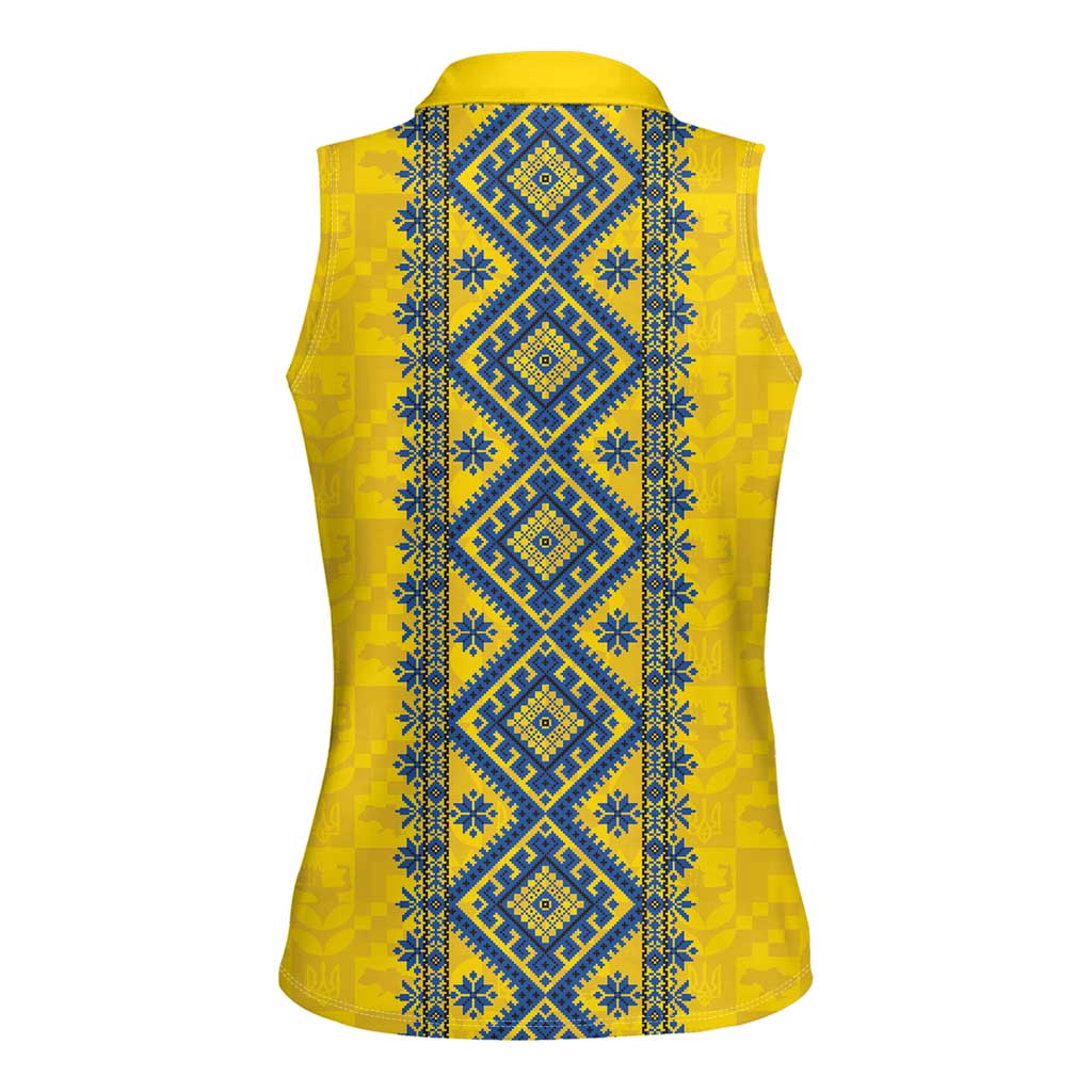 Blue Ukraine Folk Patterns Women Sleeveless Polo Shirt Simple Style