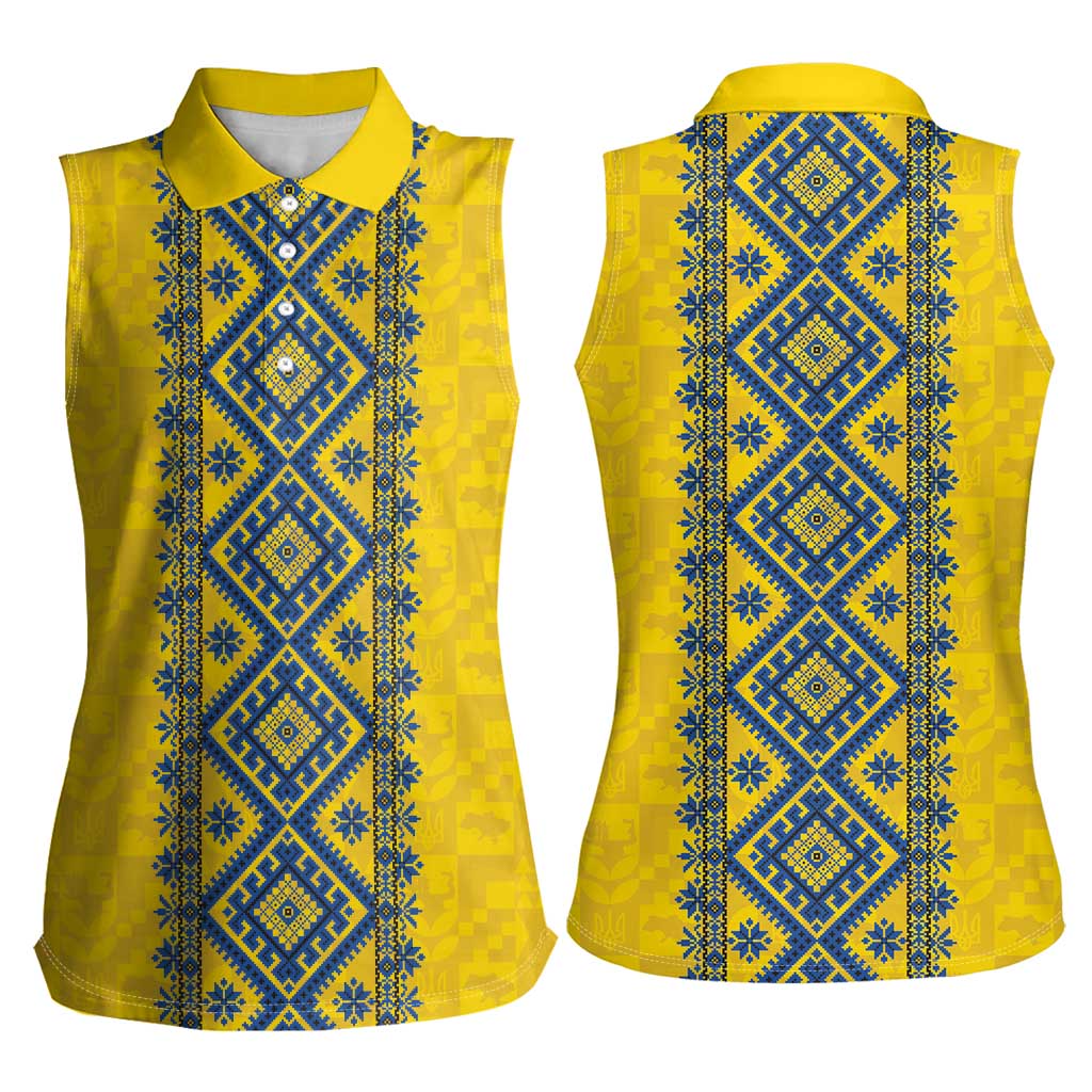 Blue Ukraine Folk Patterns Women Sleeveless Polo Shirt Simple Style