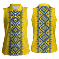 Blue Ukraine Folk Patterns Women Sleeveless Polo Shirt Simple Style