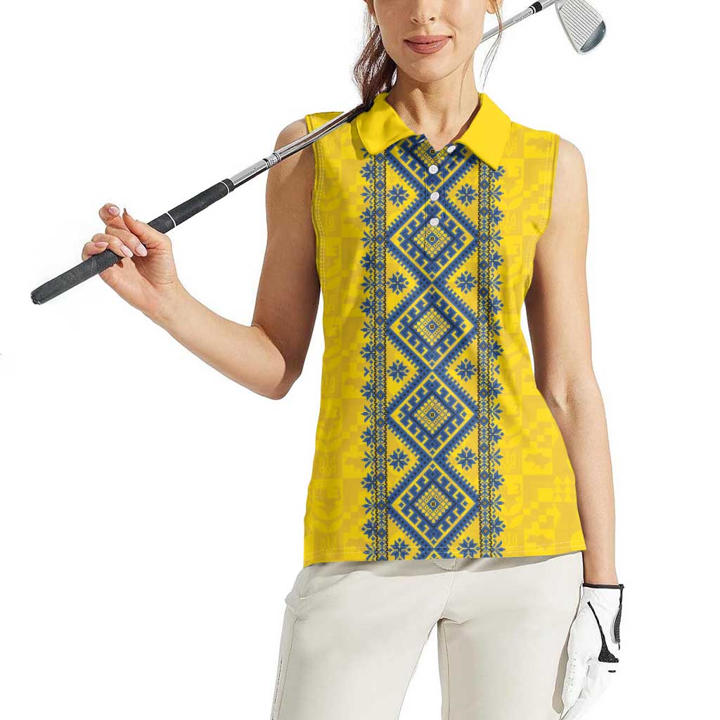 Blue Ukraine Folk Patterns Women Sleeveless Polo Shirt Simple Style