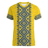 Blue Ukraine Folk Patterns Women V-Neck T-Shirt Simple Style
