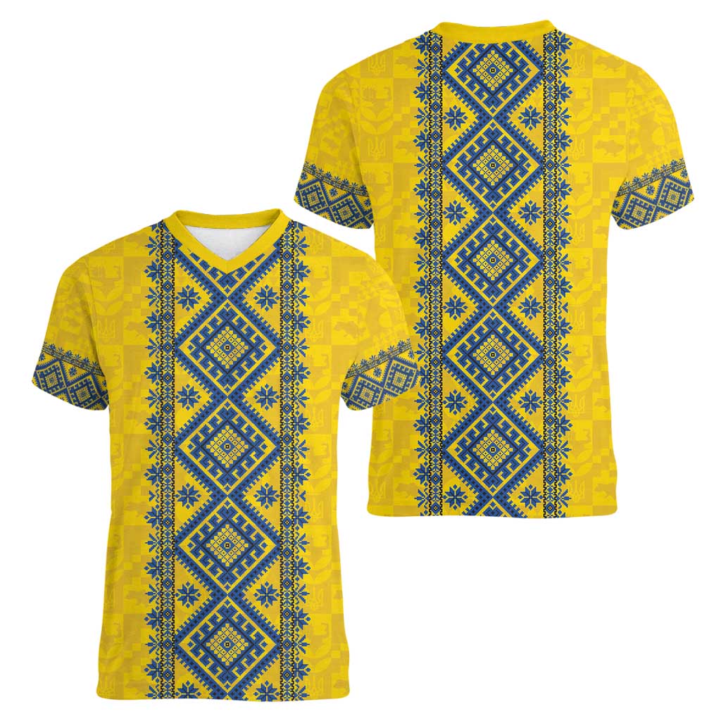 Blue Ukraine Folk Patterns Women V-Neck T-Shirt Simple Style
