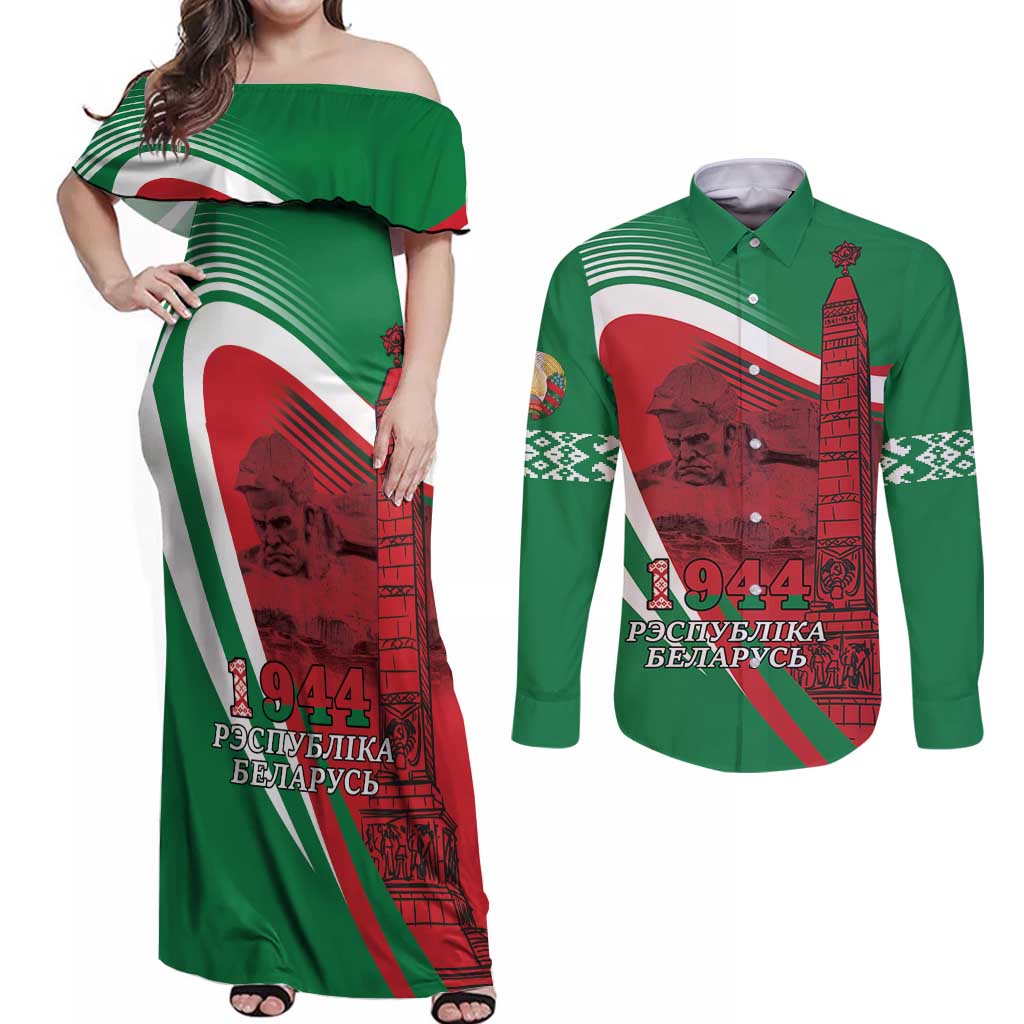 Belarus Independence Day Couples Matching Off Shoulder Maxi Dress and Long Sleeve Button Shirt Brest Fortress And Victory Square
