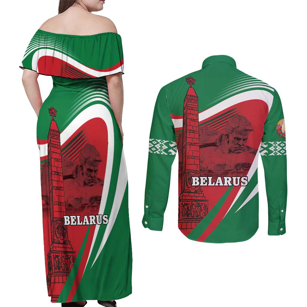 Belarus Independence Day Couples Matching Off Shoulder Maxi Dress and Long Sleeve Button Shirt Brest Fortress And Victory Square