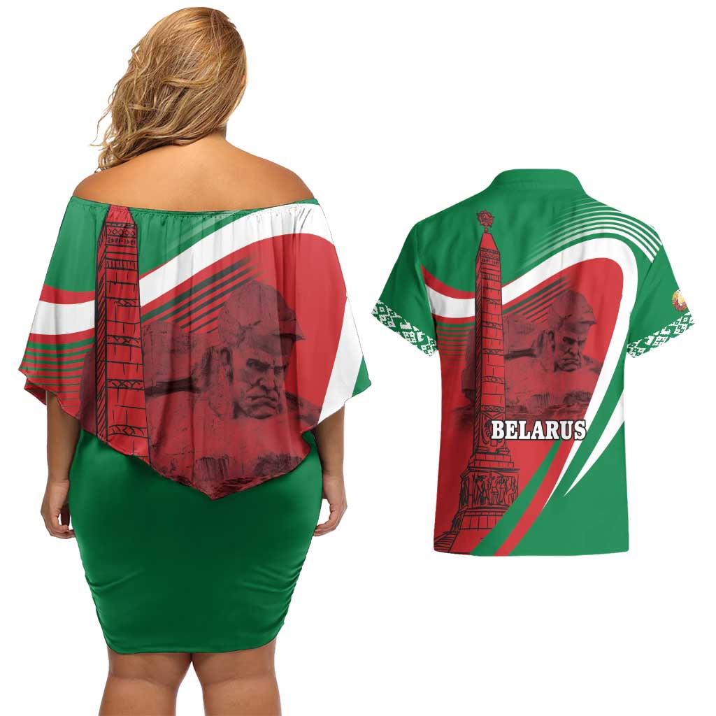 Belarus Independence Day Couples Matching Off Shoulder Short Dress and Hawaiian Shirt Brest Fortress And Victory Square