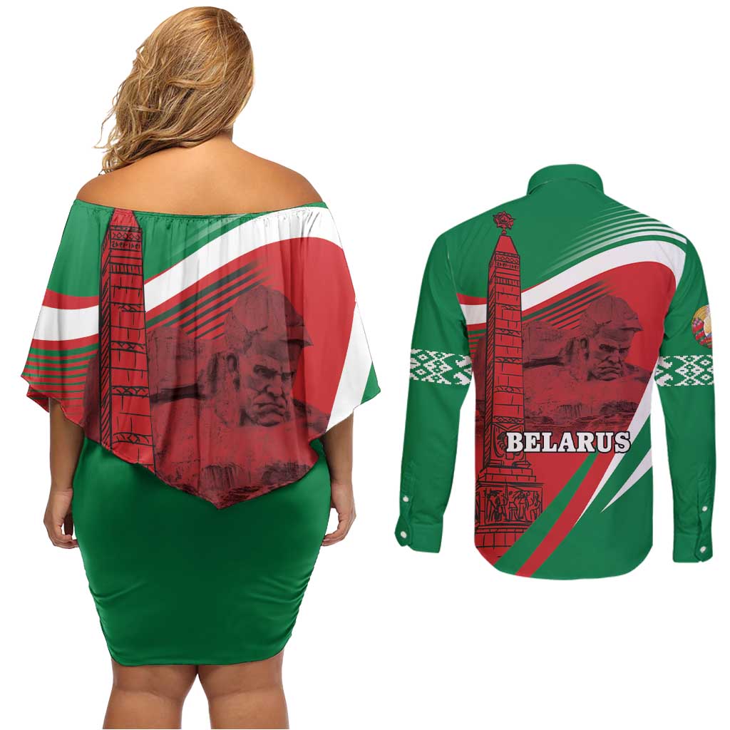 Belarus Independence Day Couples Matching Off Shoulder Short Dress and Long Sleeve Button Shirt Brest Fortress And Victory Square