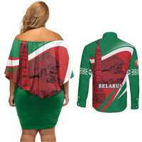 Belarus Independence Day Couples Matching Off Shoulder Short Dress and Long Sleeve Button Shirt Brest Fortress And Victory Square