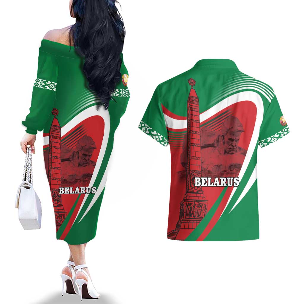 Belarus Independence Day Couples Matching Off The Shoulder Long Sleeve Dress and Hawaiian Shirt Brest Fortress And Victory Square