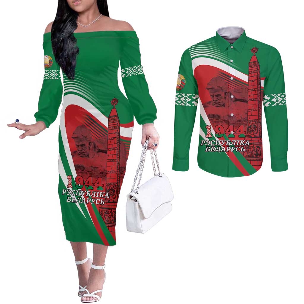 Belarus Independence Day Couples Matching Off The Shoulder Long Sleeve Dress and Long Sleeve Button Shirt Brest Fortress And Victory Square