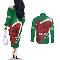 Belarus Independence Day Couples Matching Off The Shoulder Long Sleeve Dress and Long Sleeve Button Shirt Brest Fortress And Victory Square
