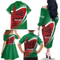 Belarus Independence Day Family Matching Off The Shoulder Long Sleeve Dress and Hawaiian Shirt Brest Fortress And Victory Square