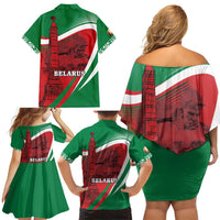 Belarus Independence Day Family Matching Off Shoulder Short Dress and Hawaiian Shirt Brest Fortress And Victory Square