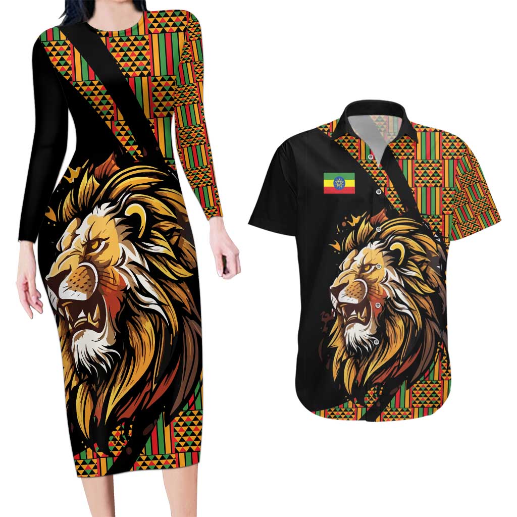 Ethiopia Couples Matching Long Sleeve Bodycon Dress and Hawaiian Shirt Ethiopian Lion Style Pattern - Wonder Print Shop
