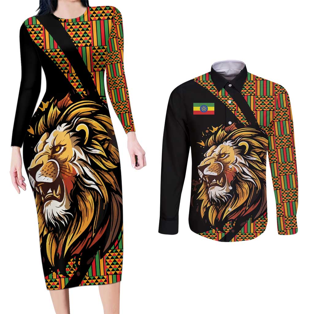 Ethiopia Couples Matching Long Sleeve Bodycon Dress and Long Sleeve Button Shirt Ethiopian Lion Style Pattern - Wonder Print Shop