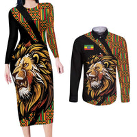 Ethiopia Couples Matching Long Sleeve Bodycon Dress and Long Sleeve Button Shirt Ethiopian Lion Style Pattern - Wonder Print Shop