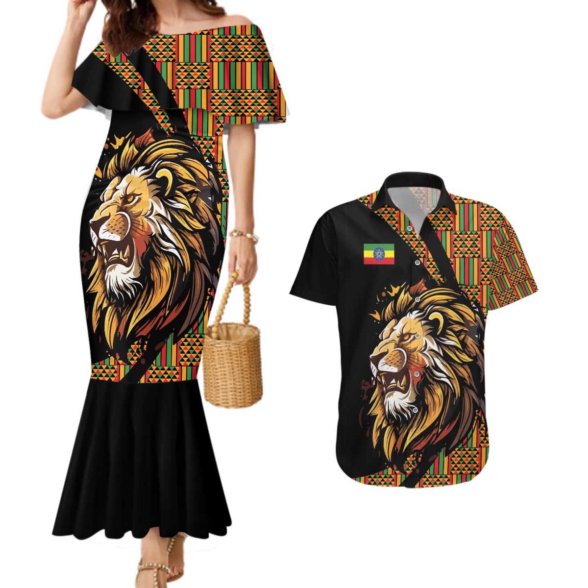 Ethiopia Couples Matching Mermaid Dress and Hawaiian Shirt Ethiopian Lion Style Pattern - Wonder Print Shop