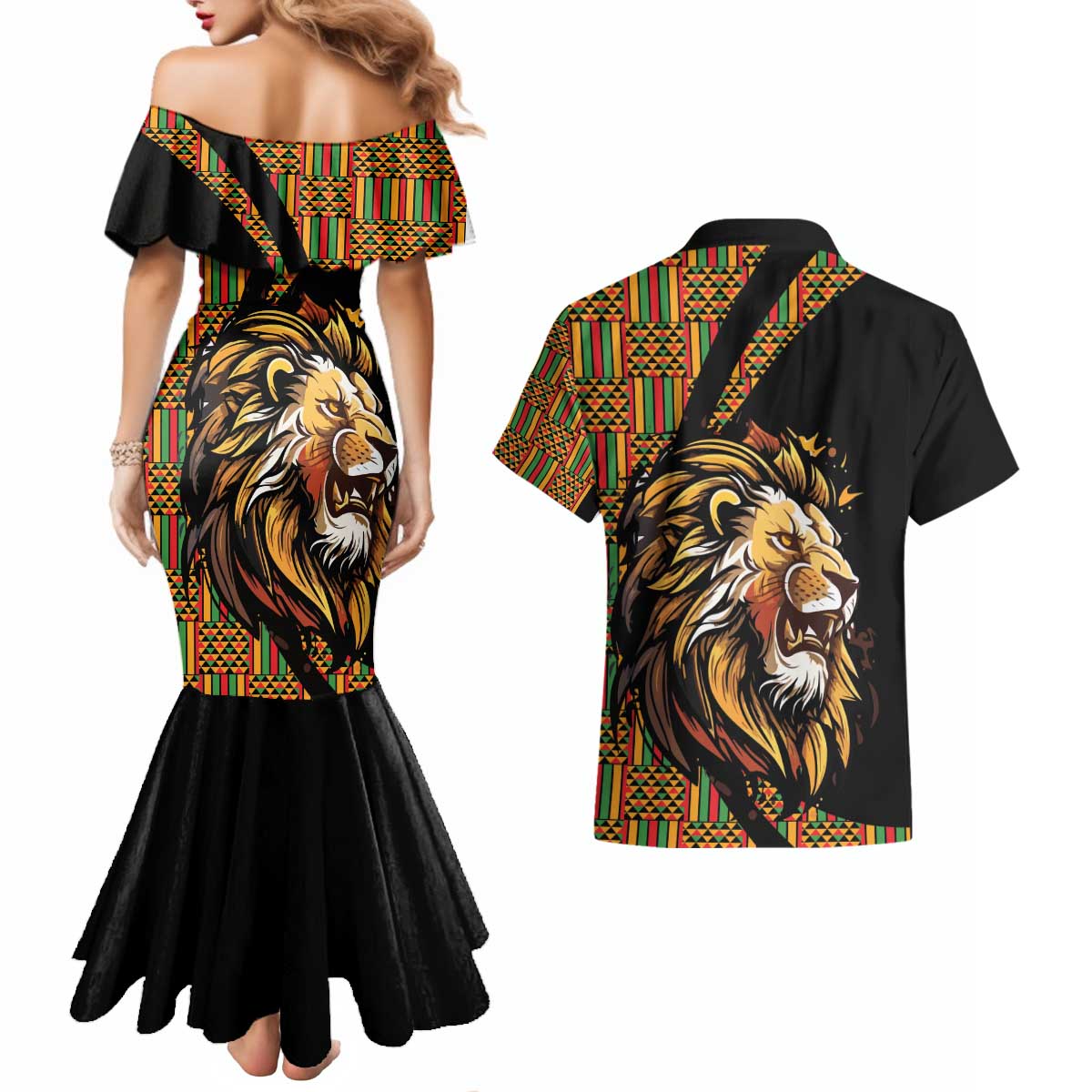 Ethiopia Couples Matching Mermaid Dress and Hawaiian Shirt Ethiopian Lion Style Pattern - Wonder Print Shop