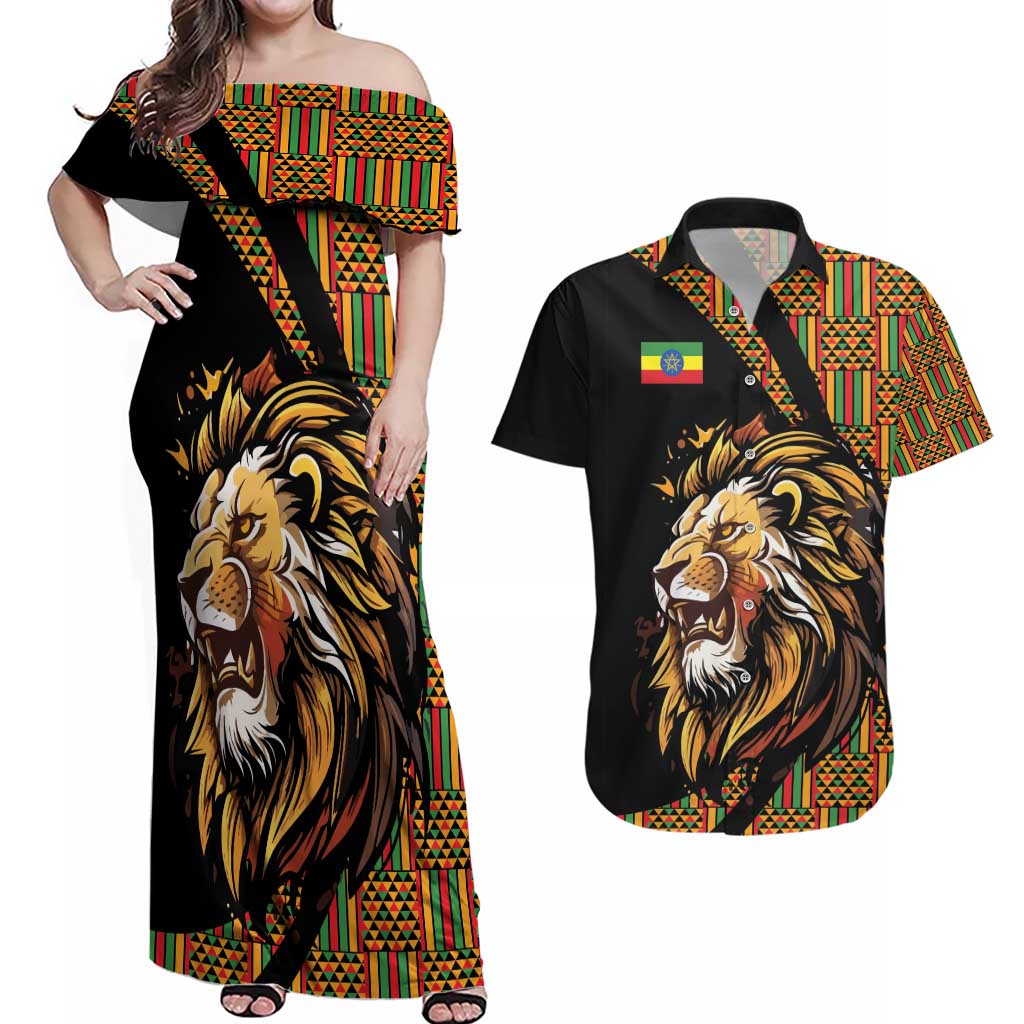 Ethiopia Couples Matching Off Shoulder Maxi Dress and Hawaiian Shirt Ethiopian Lion Style Pattern - Wonder Print Shop