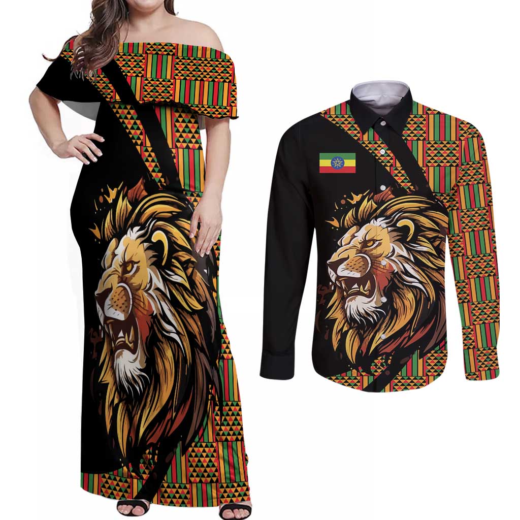 Ethiopia Couples Matching Off Shoulder Maxi Dress and Long Sleeve Button Shirt Ethiopian Lion Style Pattern - Wonder Print Shop