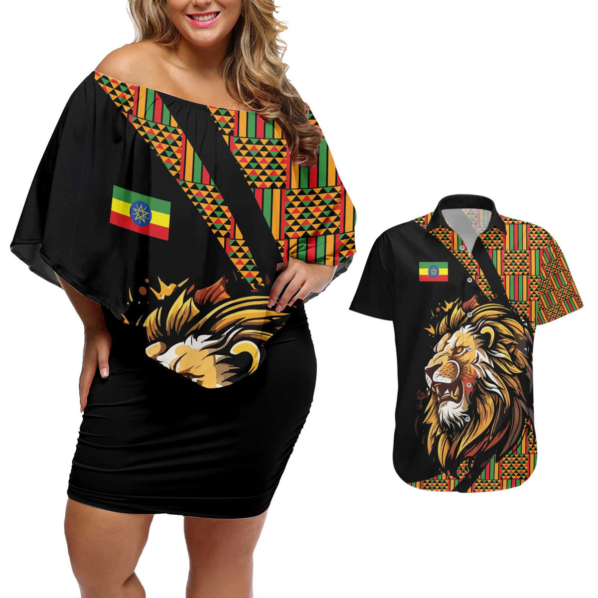 Ethiopia Couples Matching Off Shoulder Short Dress and Hawaiian Shirt Ethiopian Lion Style Pattern - Wonder Print Shop