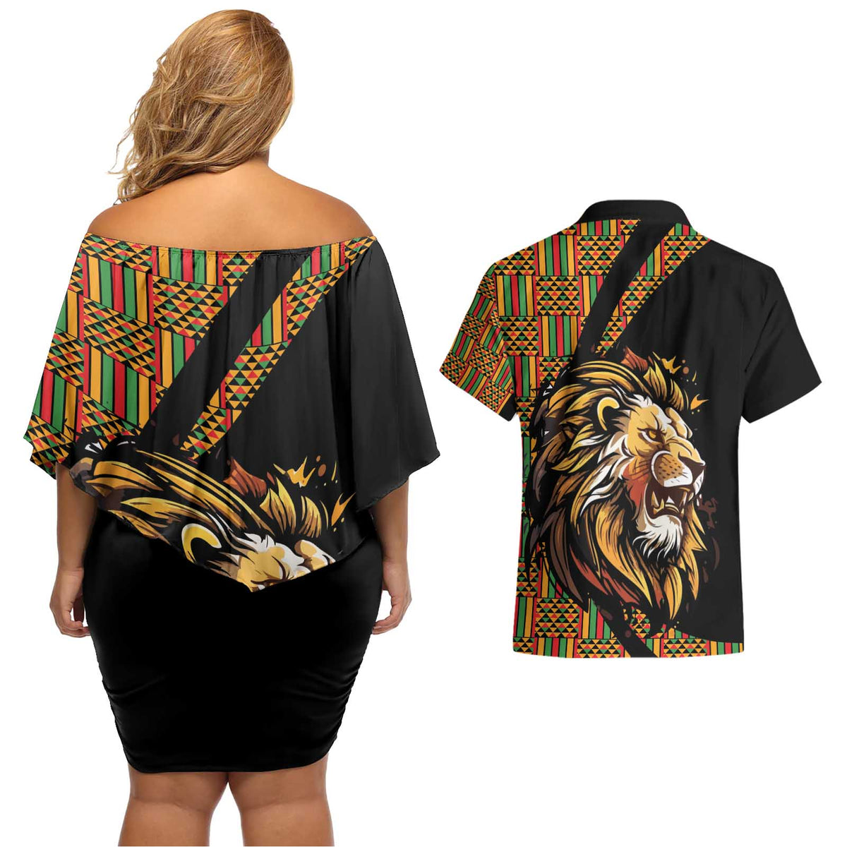 Ethiopia Couples Matching Off Shoulder Short Dress and Hawaiian Shirt Ethiopian Lion Style Pattern - Wonder Print Shop