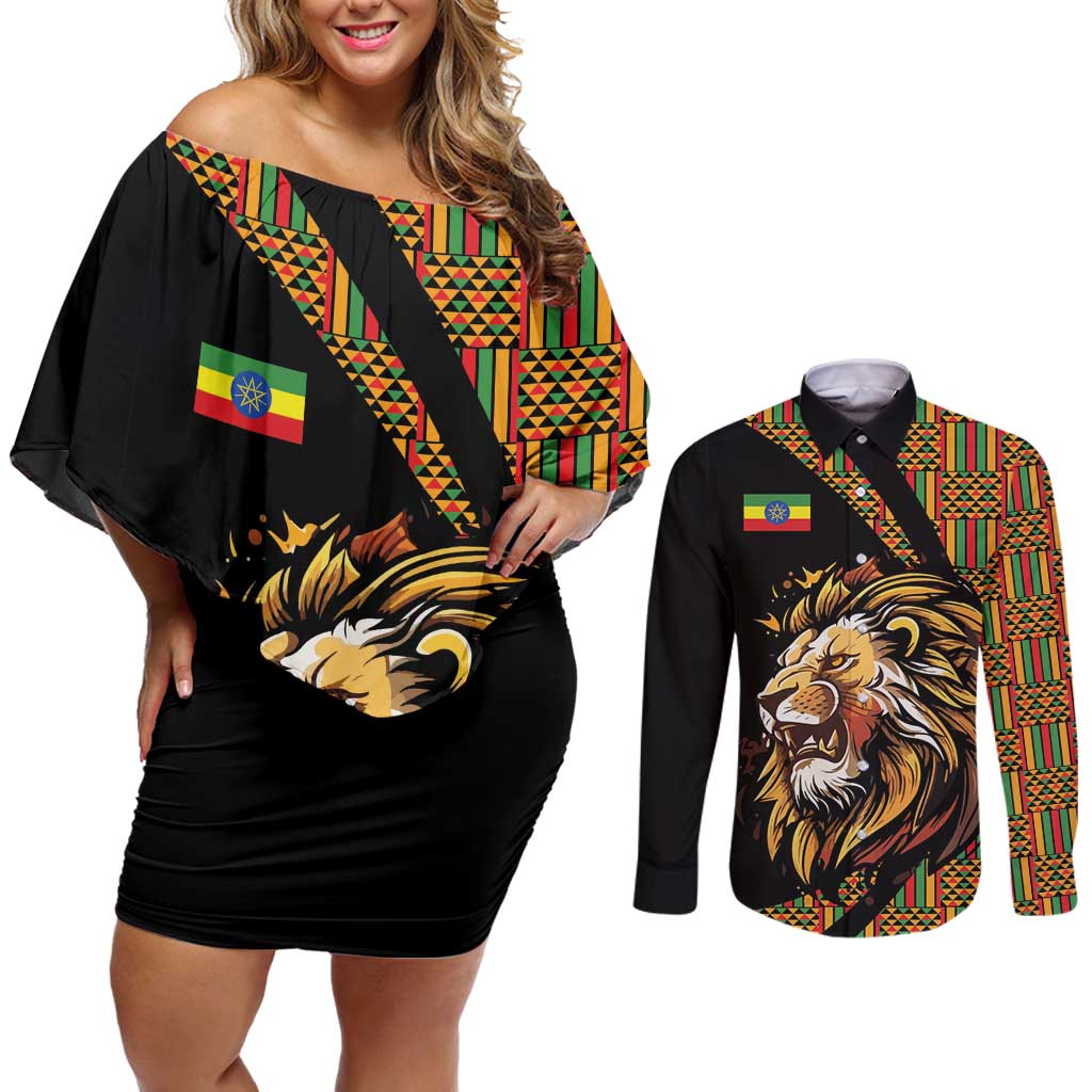 Ethiopia Couples Matching Off Shoulder Short Dress and Long Sleeve Button Shirt Ethiopian Lion Style Pattern - Wonder Print Shop