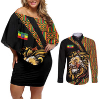 Ethiopia Couples Matching Off Shoulder Short Dress and Long Sleeve Button Shirt Ethiopian Lion Style Pattern - Wonder Print Shop