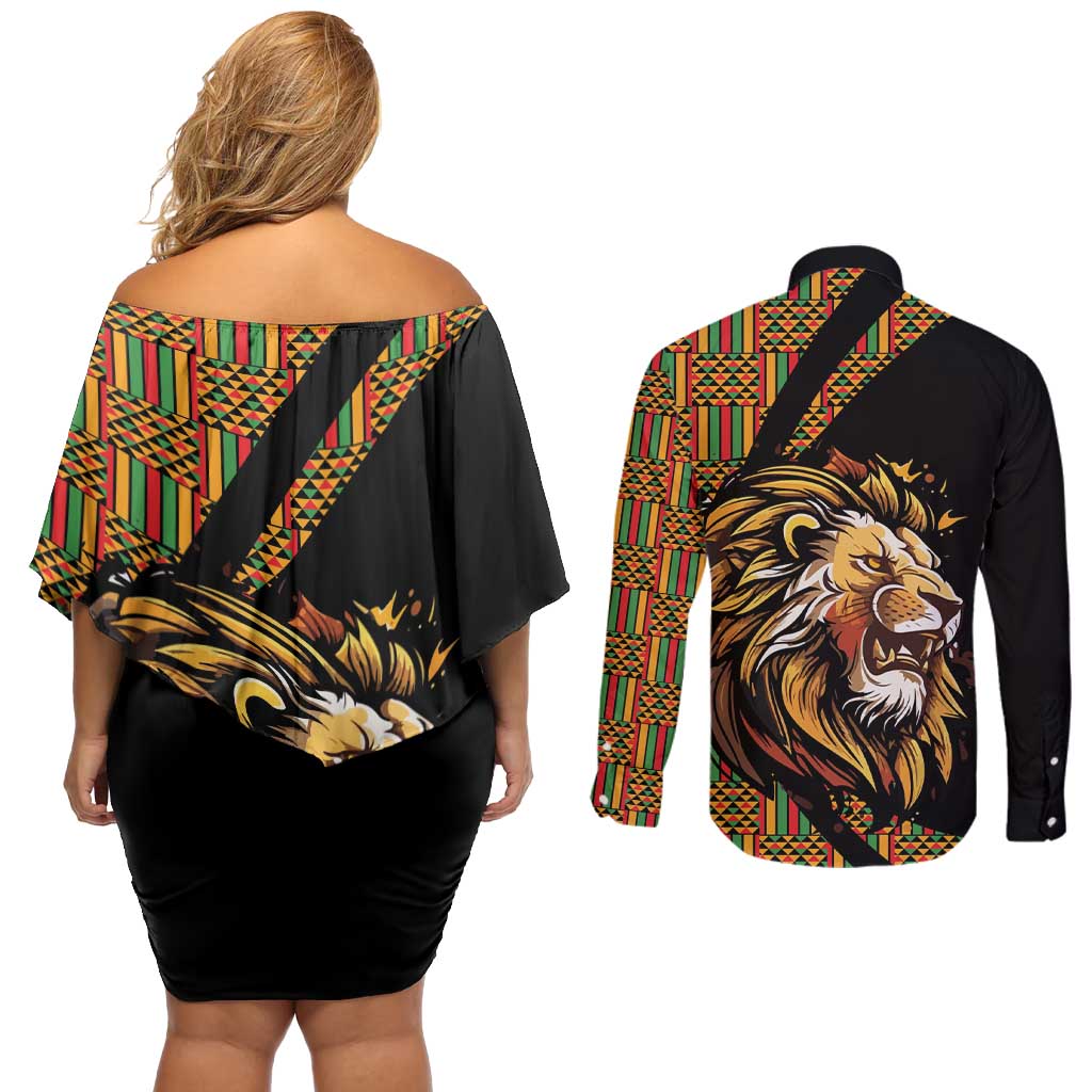 Ethiopia Couples Matching Off Shoulder Short Dress and Long Sleeve Button Shirt Ethiopian Lion Style Pattern - Wonder Print Shop