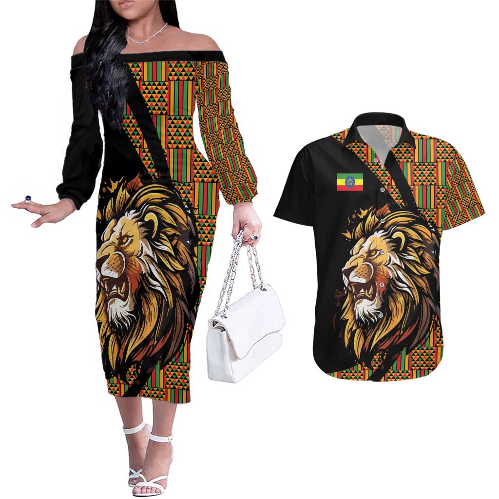 Ethiopia Couples Matching Off The Shoulder Long Sleeve Dress and Hawaiian Shirt Ethiopian Lion Style Pattern - Wonder Print Shop
