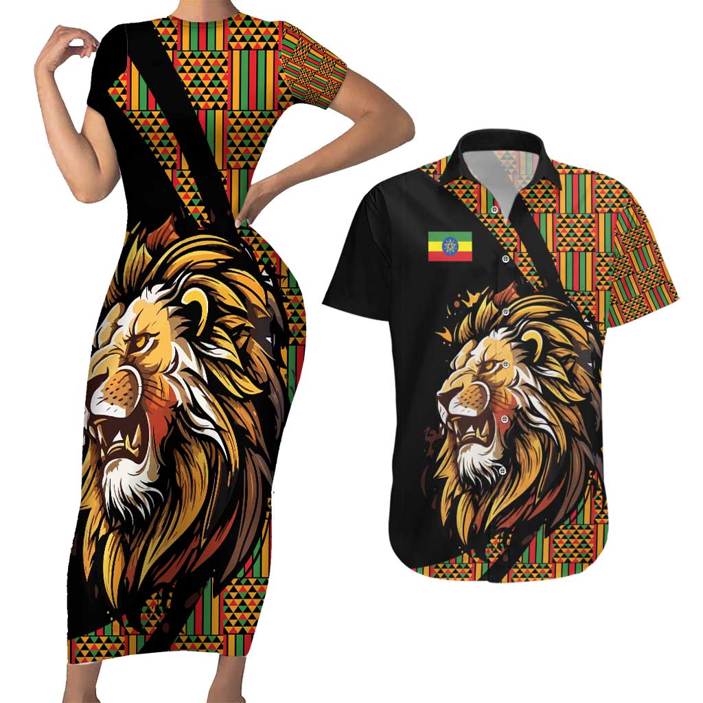 Ethiopia Couples Matching Short Sleeve Bodycon Dress and Hawaiian Shirt Ethiopian Lion Style Pattern - Wonder Print Shop