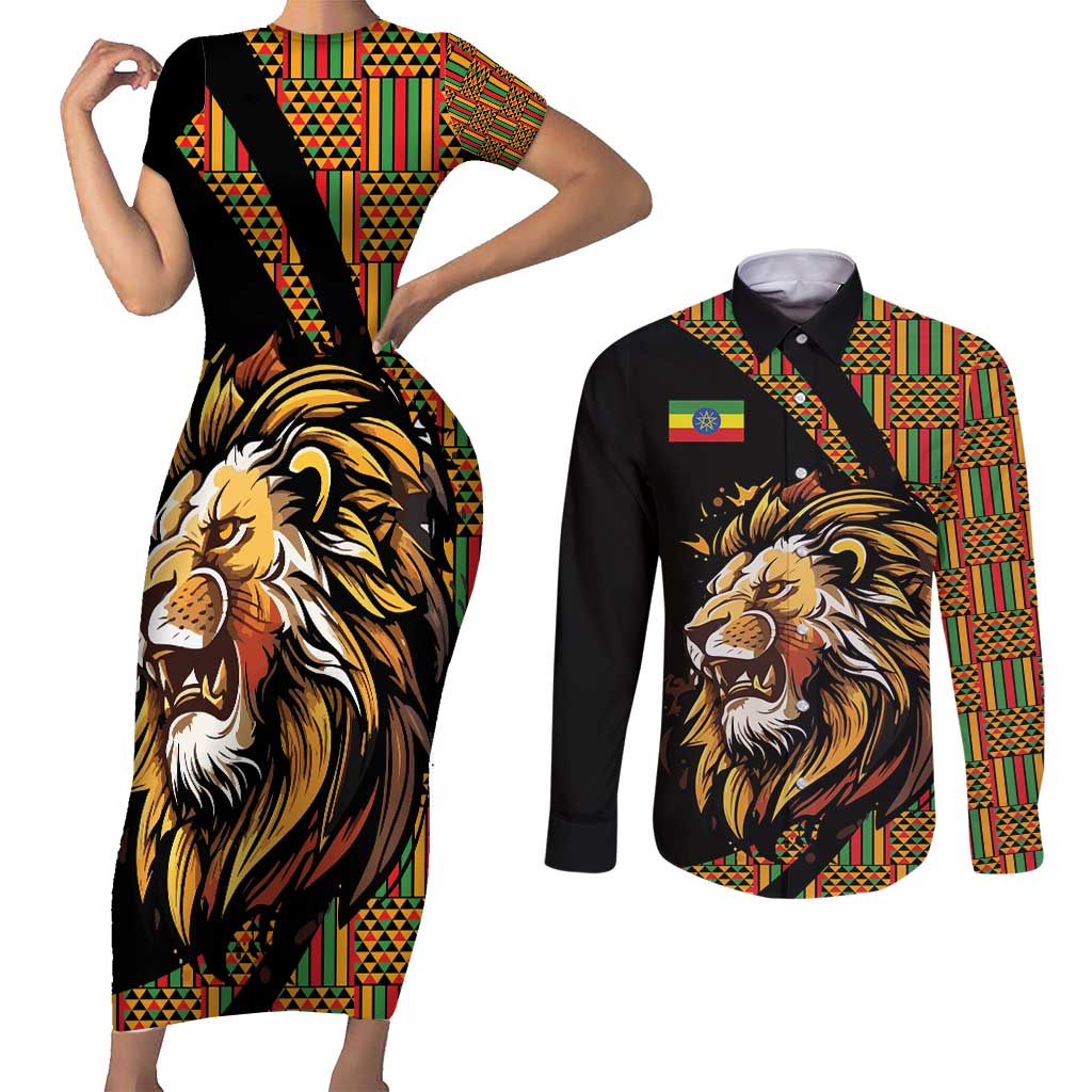 Ethiopia Couples Matching Short Sleeve Bodycon Dress and Long Sleeve Button Shirt Ethiopian Lion Style Pattern - Wonder Print Shop