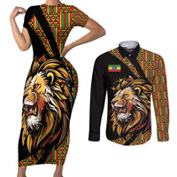 Ethiopia Couples Matching Short Sleeve Bodycon Dress and Long Sleeve Button Shirt Ethiopian Lion Style Pattern - Wonder Print Shop