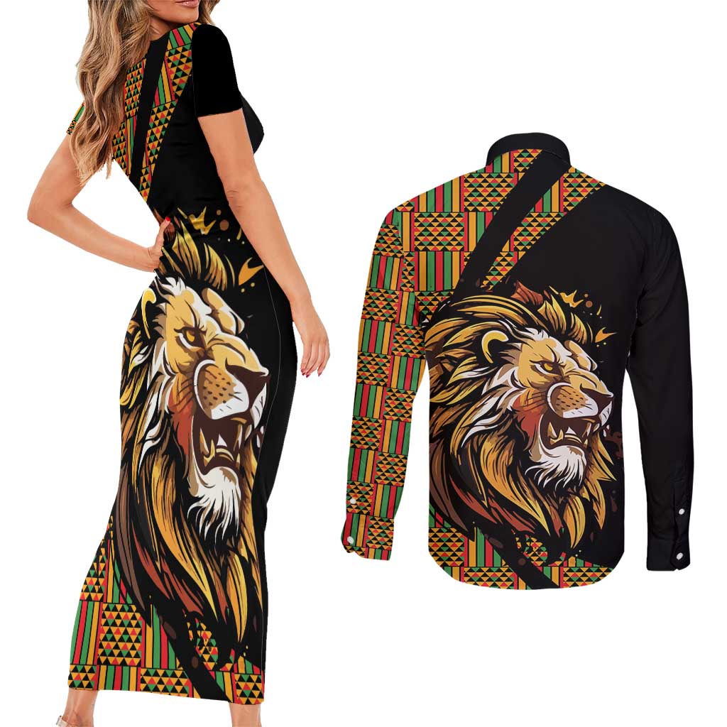Ethiopia Couples Matching Short Sleeve Bodycon Dress and Long Sleeve Button Shirt Ethiopian Lion Style Pattern - Wonder Print Shop
