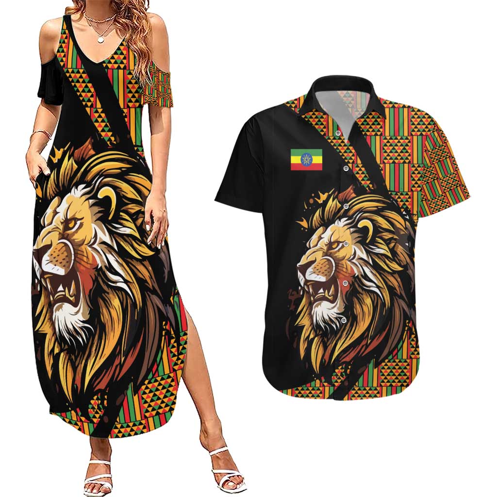 Ethiopia Couples Matching Summer Maxi Dress and Hawaiian Shirt Ethiopian Lion Style Pattern - Wonder Print Shop