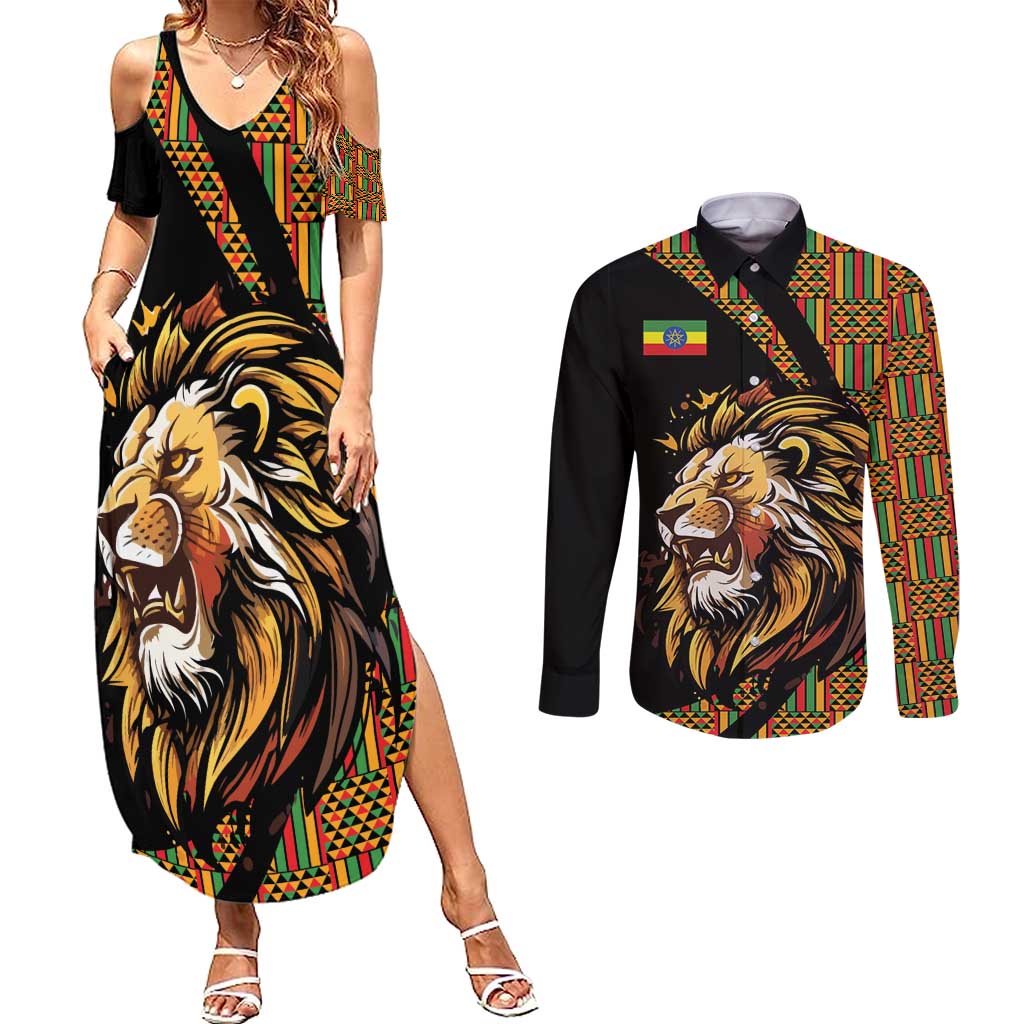 Ethiopia Couples Matching Summer Maxi Dress and Long Sleeve Button Shirt Ethiopian Lion Style Pattern - Wonder Print Shop