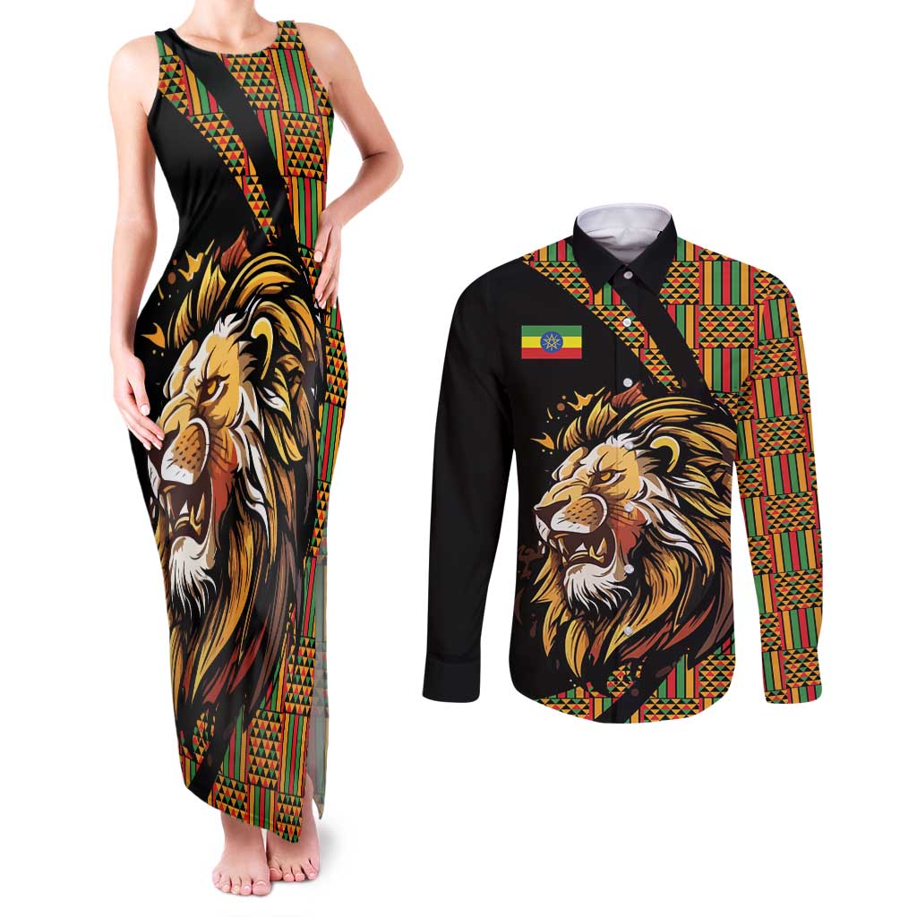 Ethiopia Couples Matching Tank Maxi Dress and Long Sleeve Button Shirt Ethiopian Lion Style Pattern - Wonder Print Shop