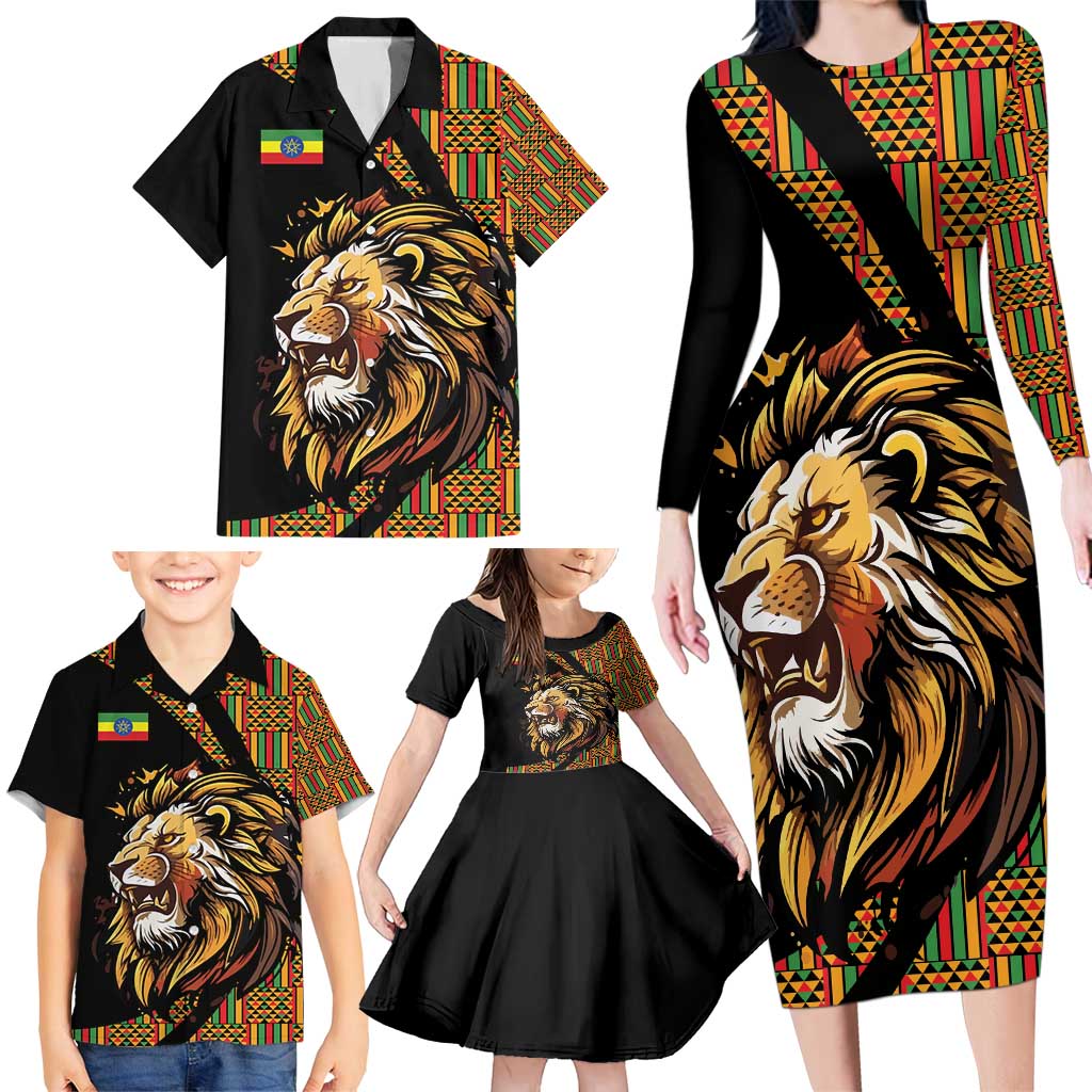 Ethiopia Family Matching Long Sleeve Bodycon Dress and Hawaiian Shirt Ethiopian Lion Style Pattern - Wonder Print Shop