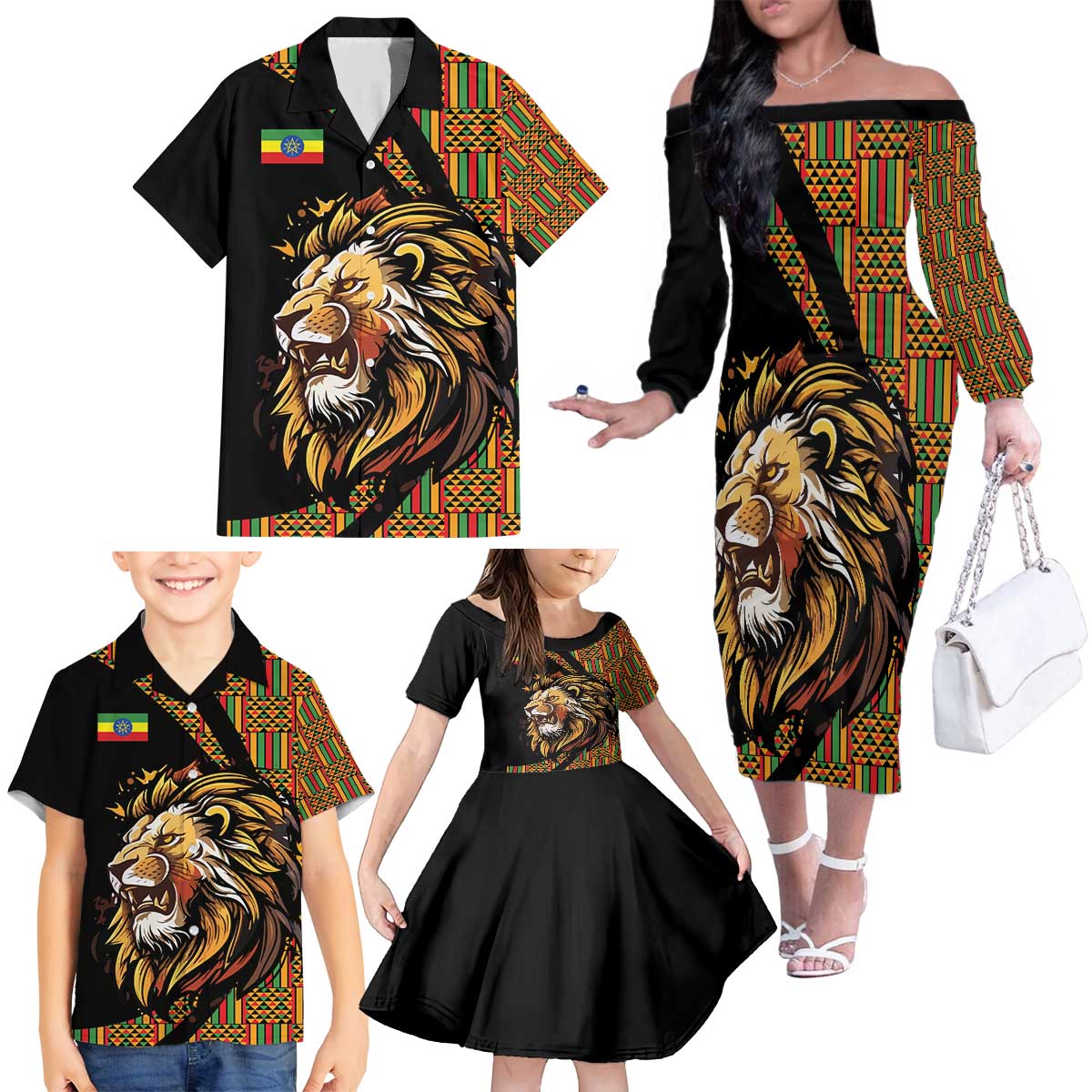 Ethiopia Family Matching Off The Shoulder Long Sleeve Dress and Hawaiian Shirt Ethiopian Lion Style Pattern - Wonder Print Shop