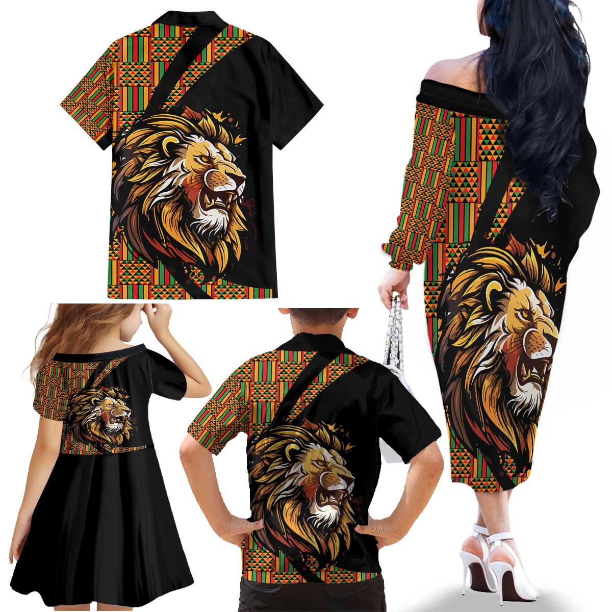 Ethiopia Family Matching Off The Shoulder Long Sleeve Dress and Hawaiian Shirt Ethiopian Lion Style Pattern - Wonder Print Shop