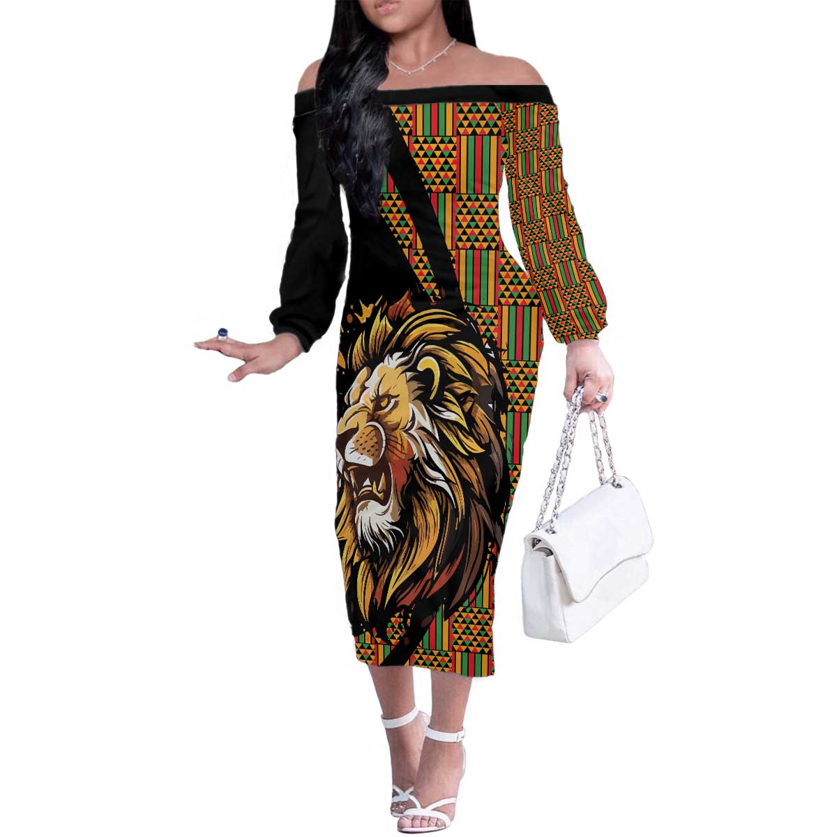 Ethiopia Family Matching Off The Shoulder Long Sleeve Dress and Hawaiian Shirt Ethiopian Lion Style Pattern - Wonder Print Shop