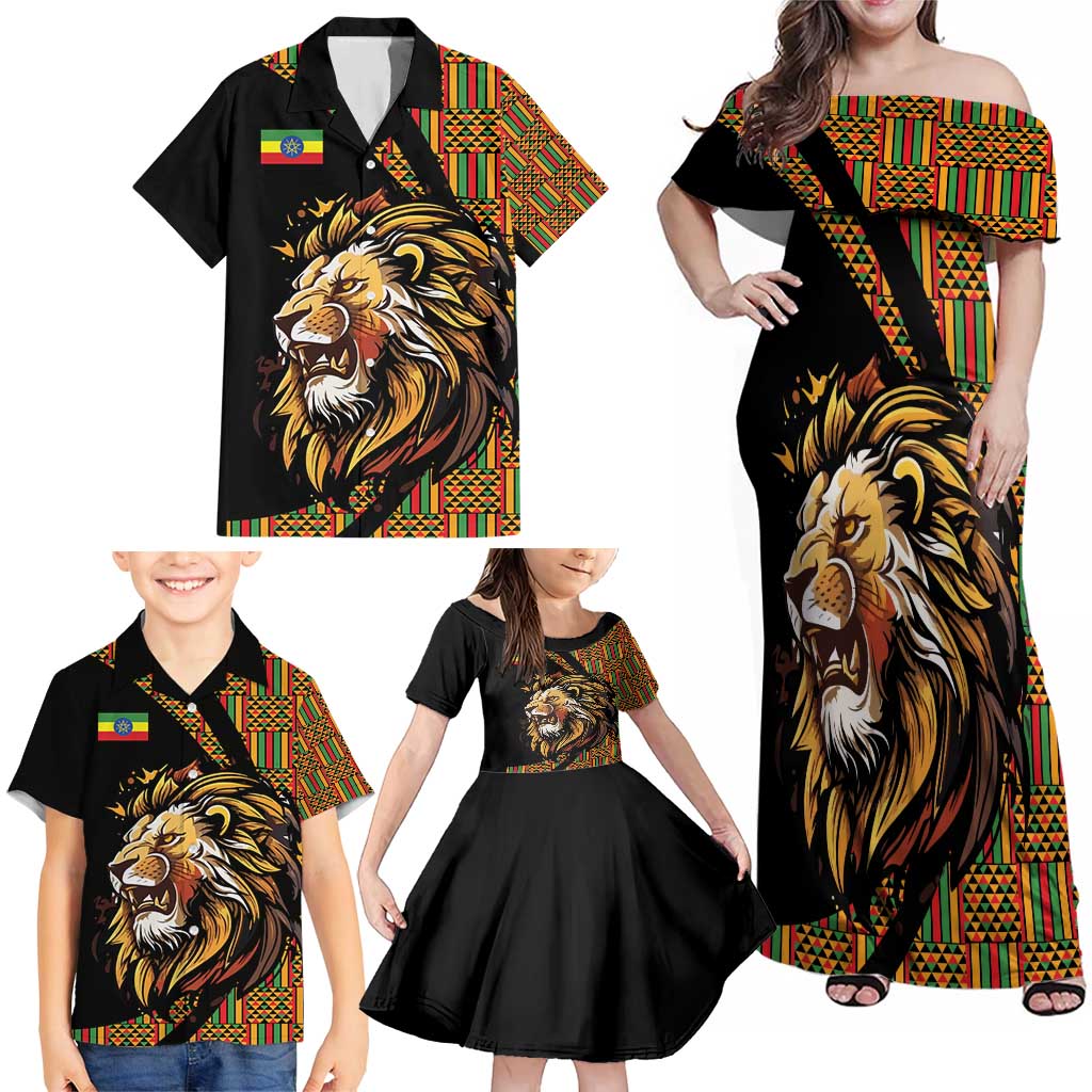 Ethiopia Family Matching Off Shoulder Maxi Dress and Hawaiian Shirt Ethiopian Lion Style Pattern - Wonder Print Shop