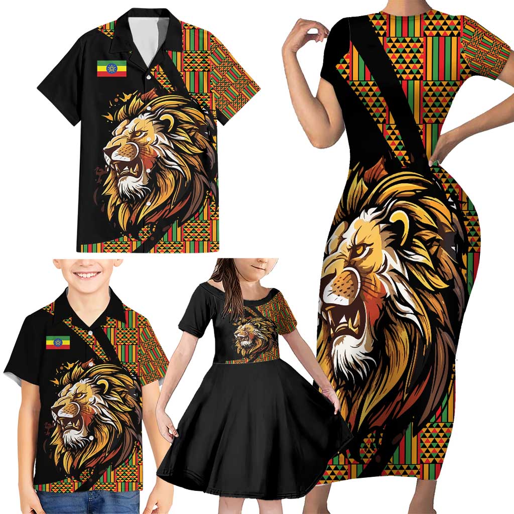 Ethiopia Family Matching Short Sleeve Bodycon Dress and Hawaiian Shirt Ethiopian Lion Style Pattern - Wonder Print Shop